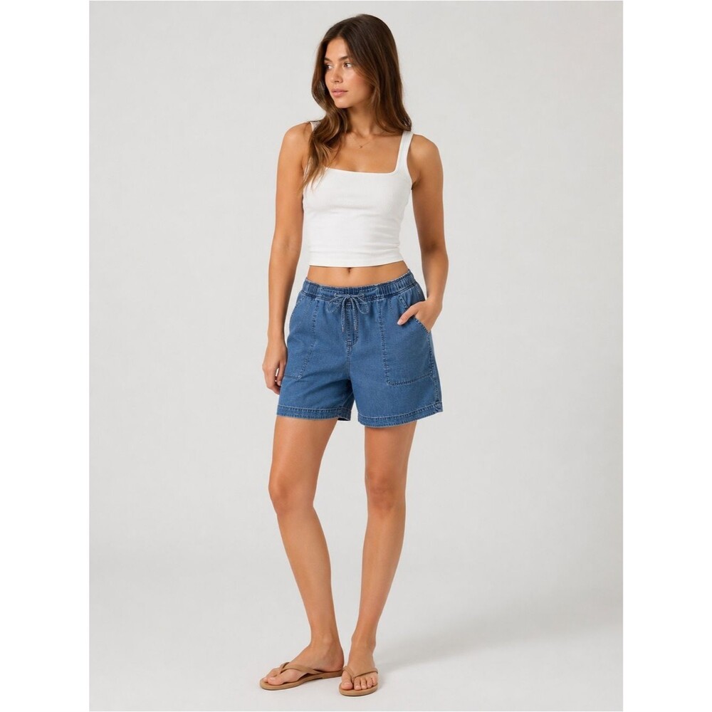 Eileen Fisher Casual Elastic Waist Denim Chambray Cotton Lyocell Shorts Pockets